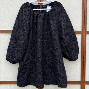 New York & Company Black Textured Floral Puff-Sleeve Shift Dress NWT - Large